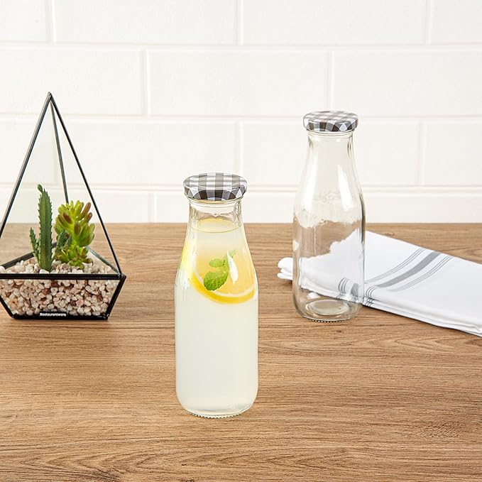 Restaurantware French Countryside 15 Ounce Glass Bottles 10 Durable Juice Bottles - With Black Plaid Lid Dishwashable Clear Glass Countryside Bottles For Hot And Cold Beverages