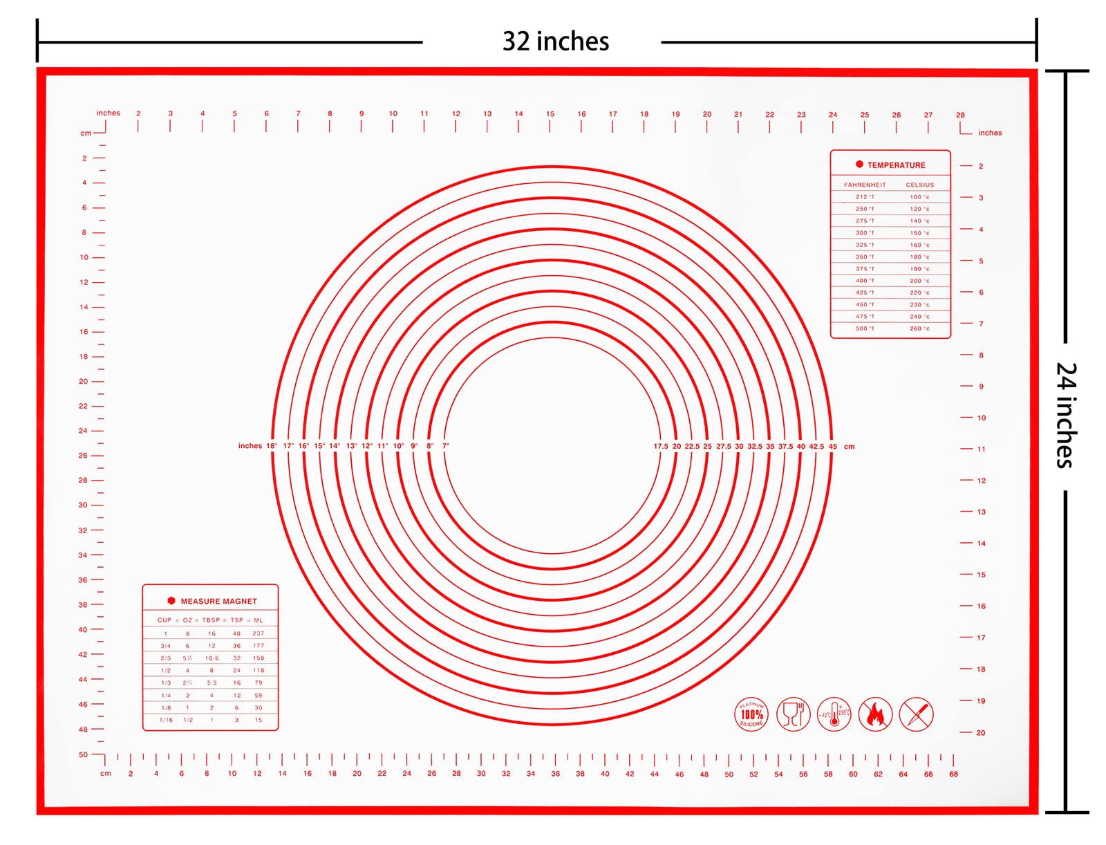 Yansumi silicone pastry non stick baking mat with measurement fondant mat with three sizes for silicone baking mat, counter mat, dough rolling mat,fondant/pie crust mat (Red, 32"L x 24"W)