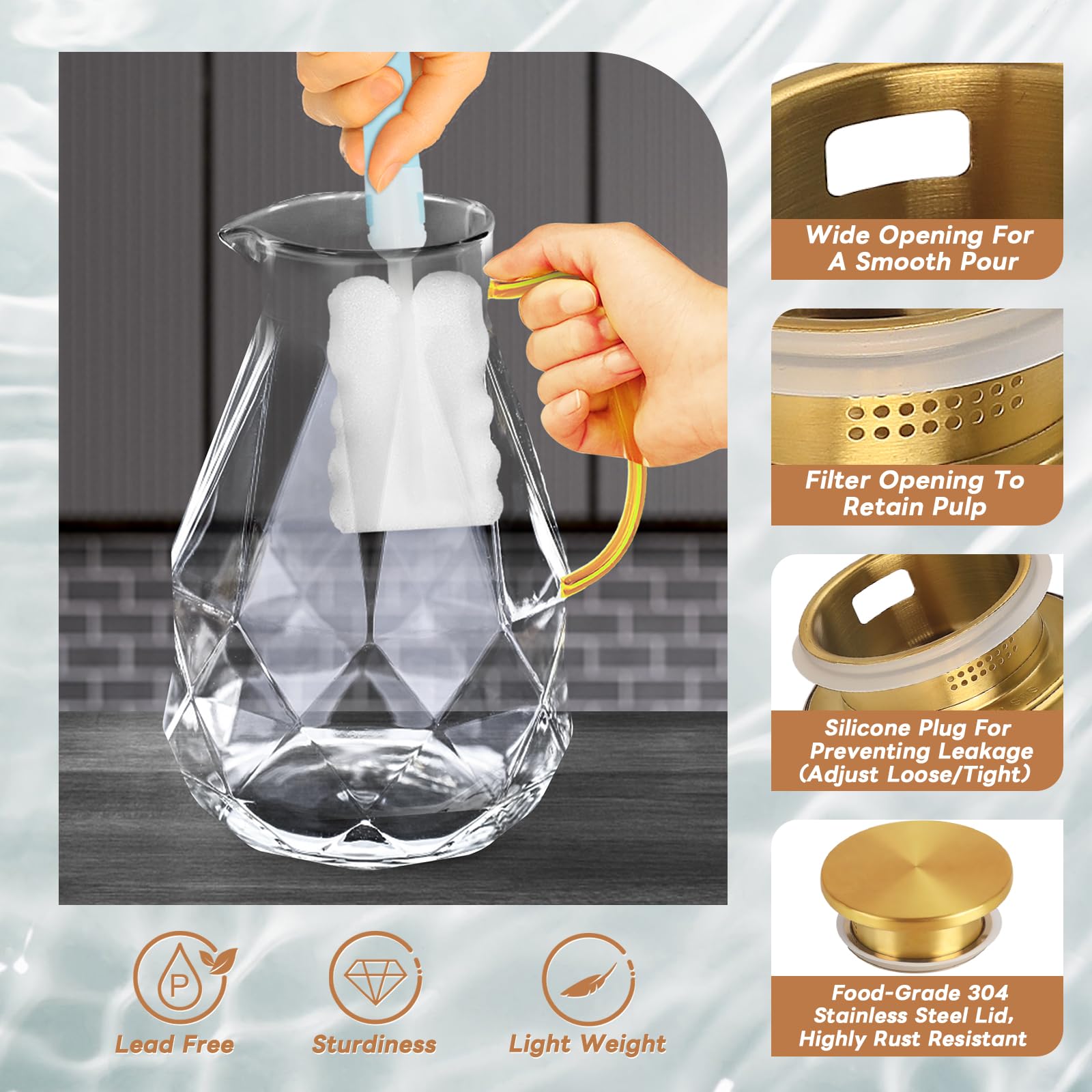 Yirilan Glass Pitcher, 2.4Liter Water Pitcher With Lid, Iced Tea Pitcher for Fridge, Glass Water Carafe With Lid, Glass Water Jug, Large Drink Pitcher For Juice, Milk, Cold Or Hot Beverages, 2400ML