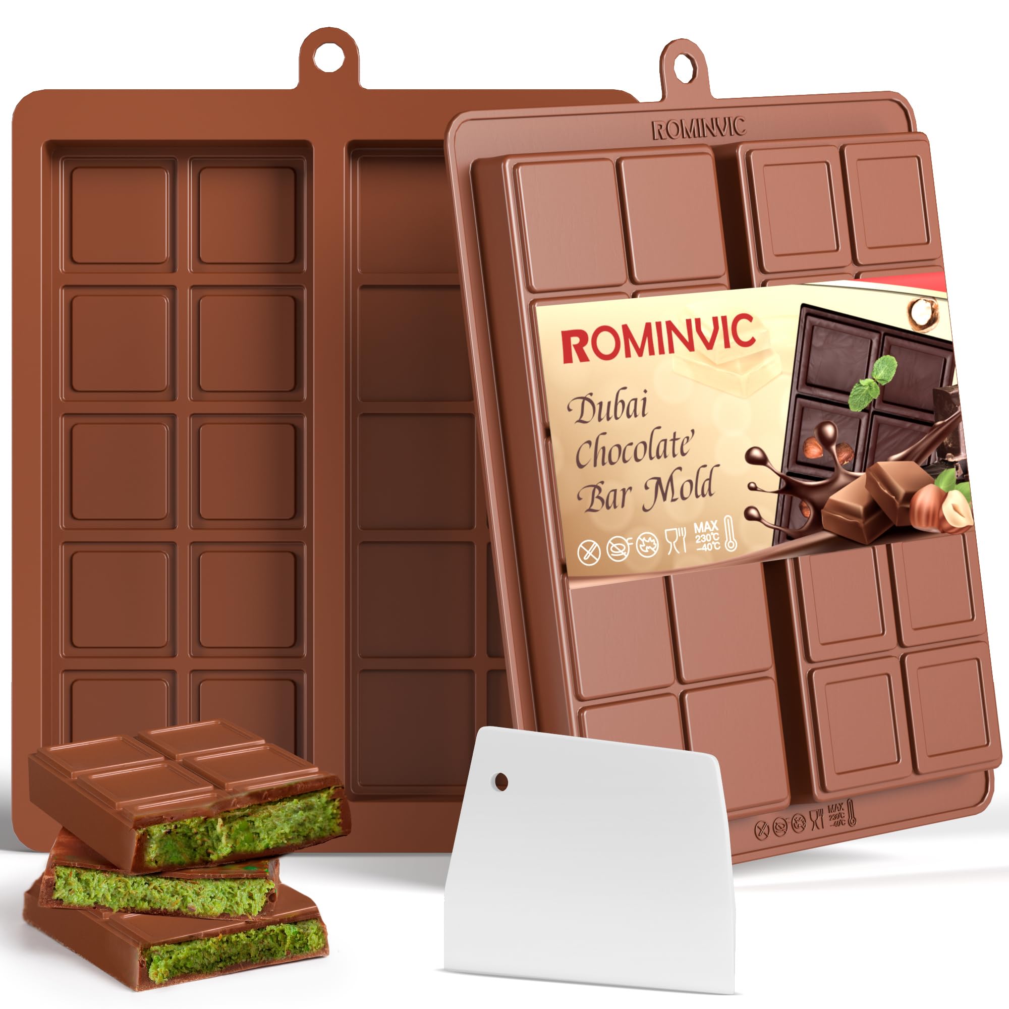 ROMINVIC Chocolate Bar Mold,2 Pack 2 in 1 Dubai Chocolate Molds and Scraper for Stuffed Bar,Deep Large and Thick Chocolate Candy Bar Mold for Filling Knafeh Pistachio Kit