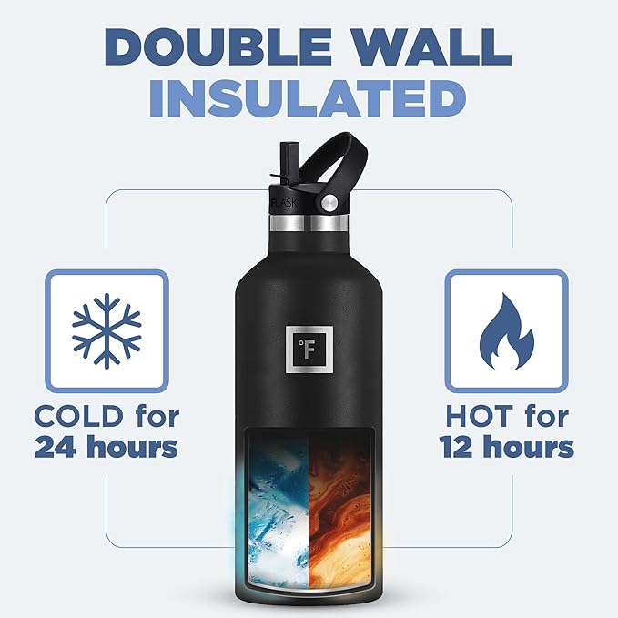 IRON °FLASK Camping & Hiking Hydration Canteens - 3 Lids (Narrow Straw Lid) Leak Proof Vacuum Insulated Stainless Steel - Hot & Cold Double Walled Sports Water Bottle - Elemental Gray, 32 Oz
