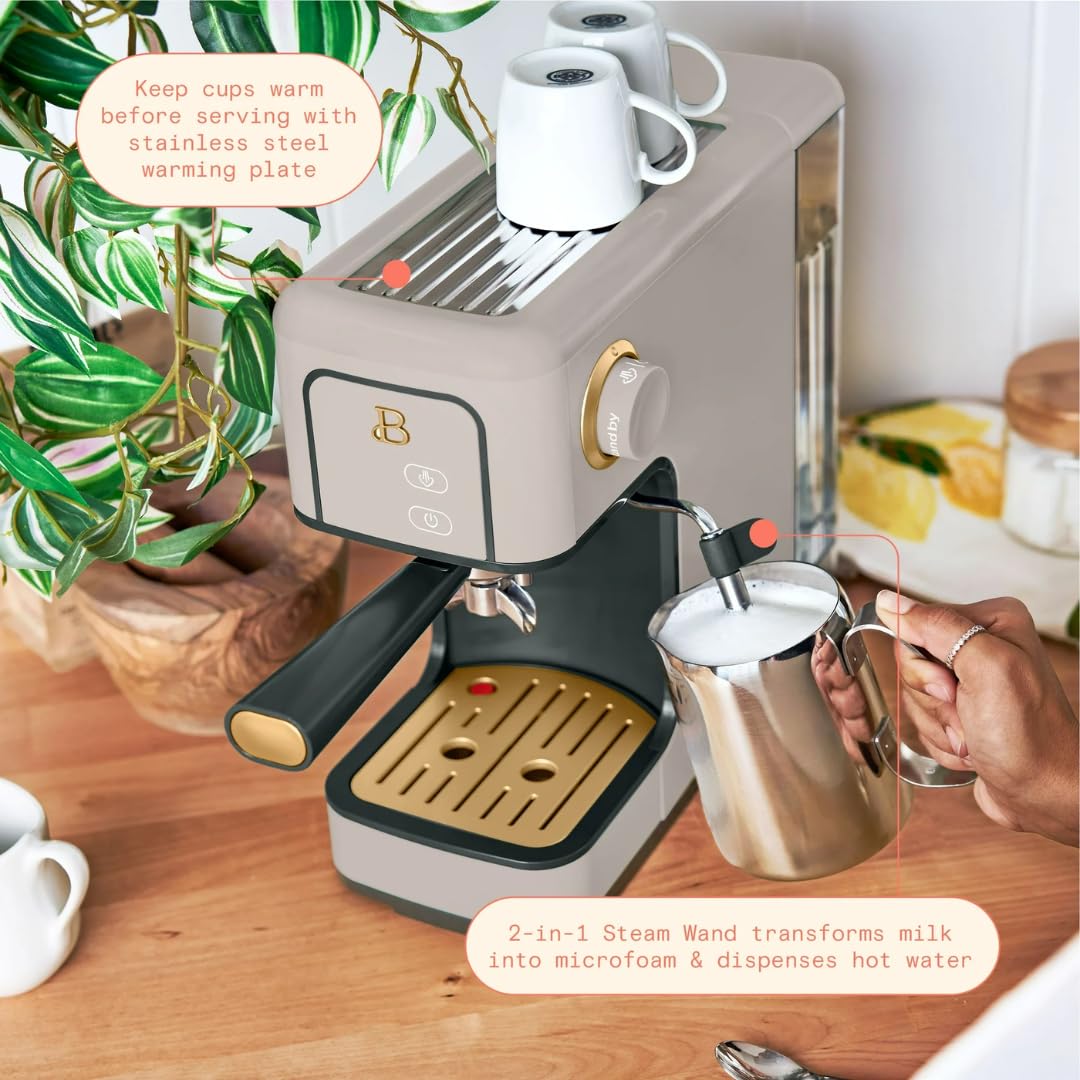 Slim Espresso Maker – 20‑Bar Pressure, Dual‑Spout 52 mm Portafilter, 50 oz Removable Tank, 2‑in‑1 Steam Wand & Touch Controls (Porcini Taupe)