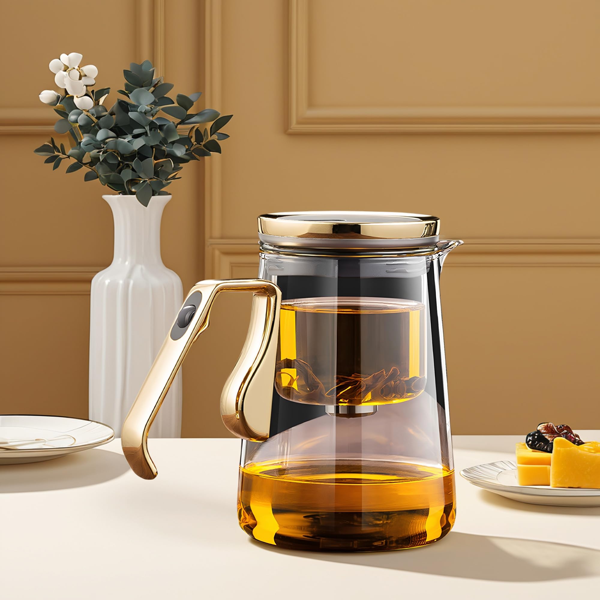 YJX Magnetic Glass Teapot, 25.4oz Small Enchanted Brewing Tea Pot, Witchcraft Magic Borosilicate Tea Set with Strainer for Loose Leaf or Herbal, Exquisite Kettle Gift for Tea Lovers(Golden)