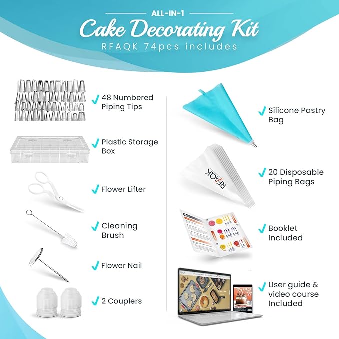 RFAQK 74 PCs Icing Piping Bags and Tips Set, Cake Decorating Kit with 48-Numbered Piping Tips, 20+1 Pastry Bags for Cookie Cupcake Cake Decoration, Cake Decorating Tips Set with Booklet and E-book