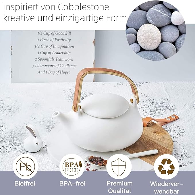 ZENS Teapot with Infuser, Ceramic Japanese 2cup Teapot for Loose Leaf Tea, 800ml Small Matte White Porcelain Tea Pot Gift with Modern Bentwood Handle