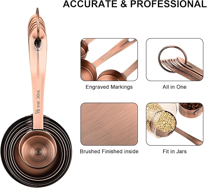 Measuring Cups Set, Copper Measuring Cups Set 7, Metric & US Stainless Steel Measuring Cups for Kitchen & Baking, Metal Measuring Cups Set with 2/3 & 3/4 Measure Cups