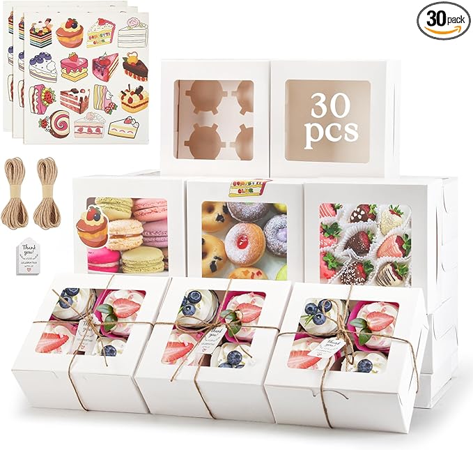 OAMCEG 30 Pack Cookie Boxes with Window 6x6x3 Inches White Bakery Treat Boxes with Stickers & Twine for Pastry, Desserts, Strawberries, Cupcakes, Gift Giving