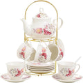 20-Pieces Porcelain Bone china Tea Sets,Gold Rim Coffee Set with Golden Metal Rack,Tea Gift Sets for Home&Party(003)