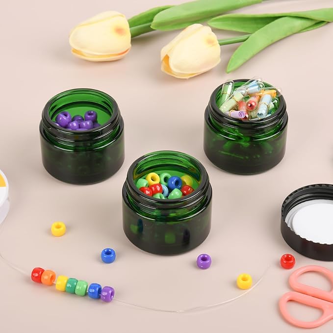 Glass Jars with Lids,Eco-Friendly Cosmetic Containers with Airtight Black Lids & Liners, Multi-Color Options for Cream, Lotion, Body Butter, DIY Skincare Travel Jars (Green, 2oz)