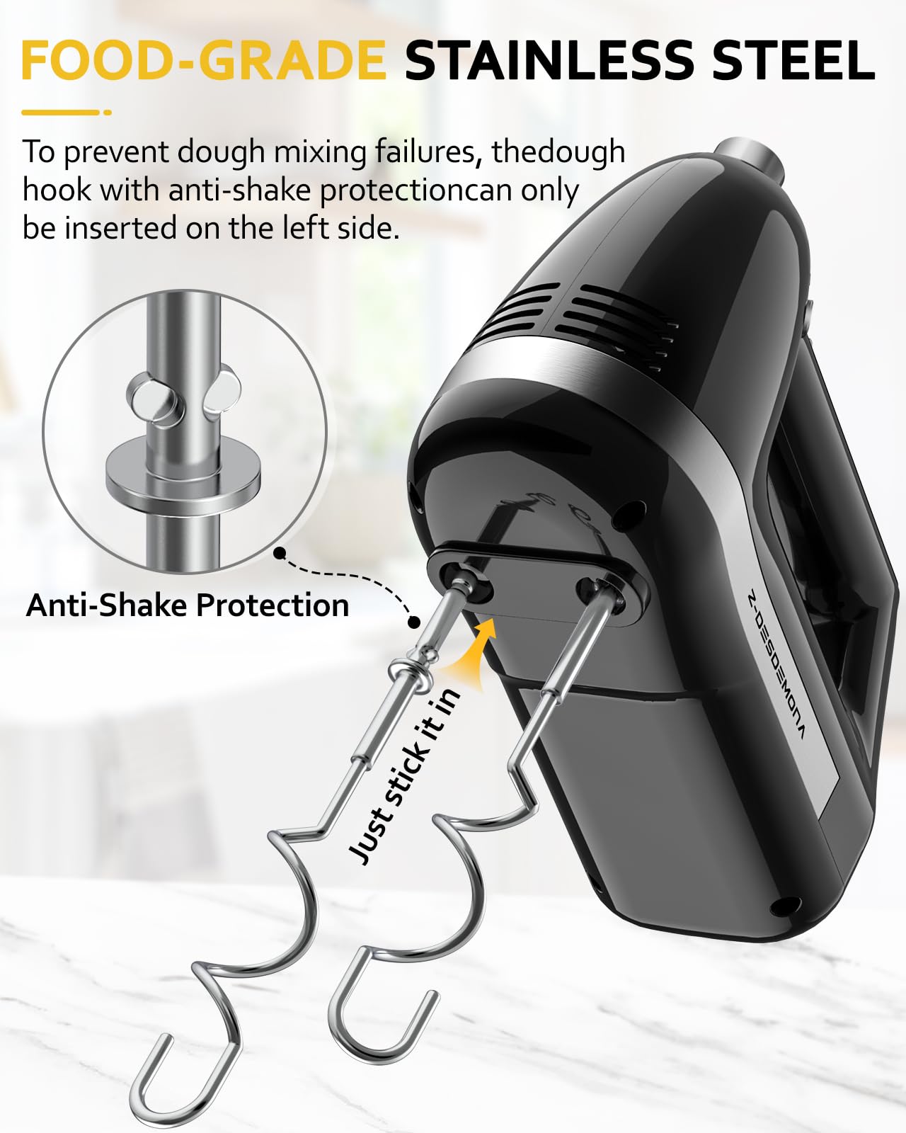 Z-DESDEMONA Electric Hand Mixer, Powerful Hand Mixer Electric Handheld with 304 Beaters, Dough Hook, Whisk, Hand Held Mixer with Turbo for Baking Cakes, Eggs, Cream Food(Black)