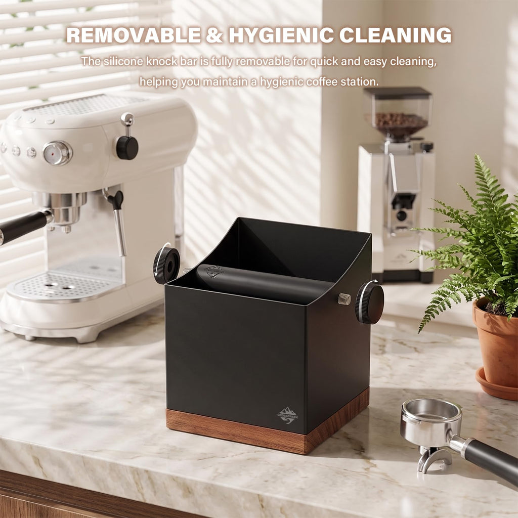 CrossCreek 2.5L Large Espresso Knock Box - Metal & Walnut Wood Coffee Grounds Container for Home Bar, Shock-Absorbent Removable Silicone Knock Bar, Non-Slip Base Coffee Puck Bin for Espresso Station