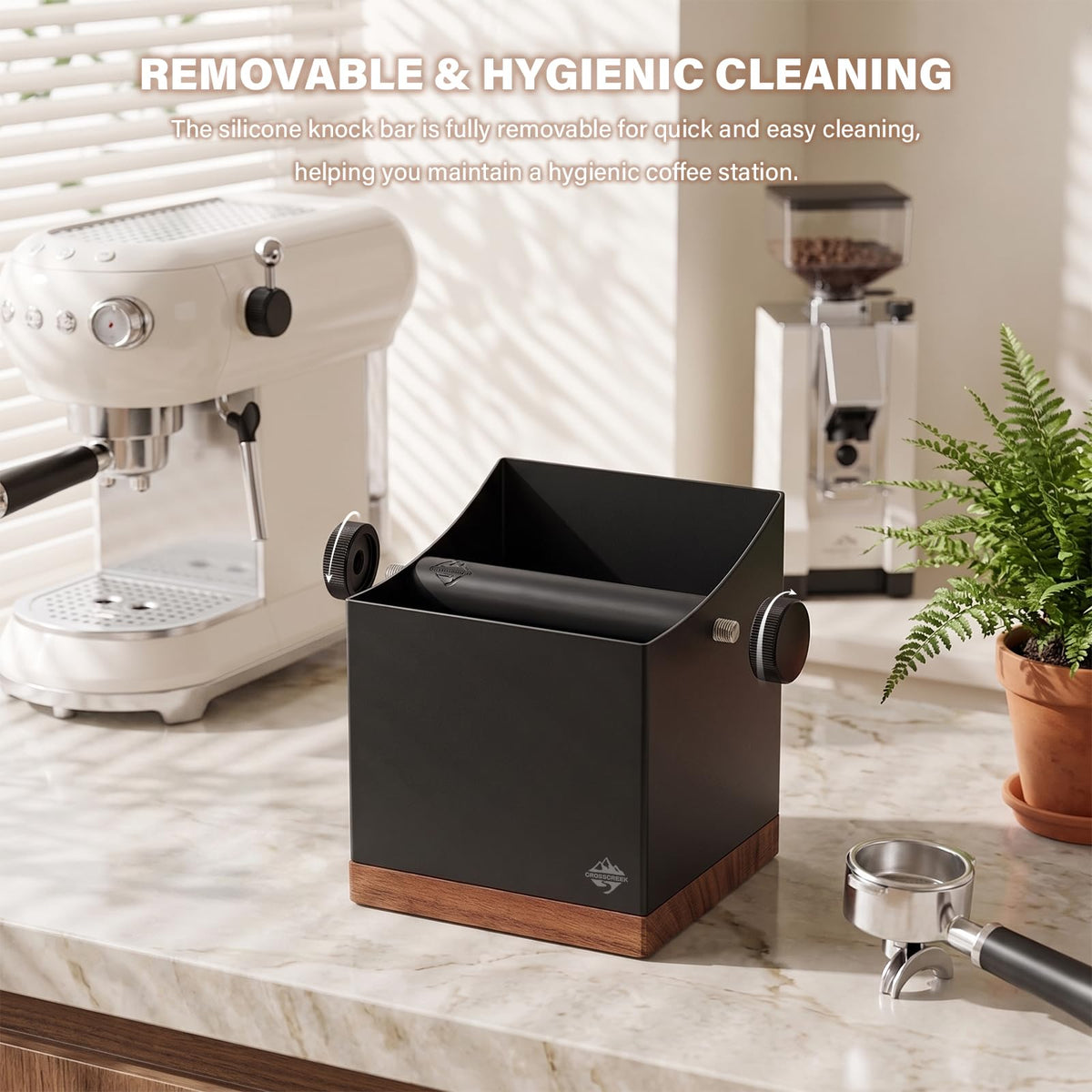 CrossCreek 2.5L Large Espresso Knock Box - Metal & Walnut Wood Coffee Grounds Container for Home Bar, Shock-Absorbent Removable Silicone Knock Bar, Non-Slip Base Coffee Puck Bin for Espresso Station