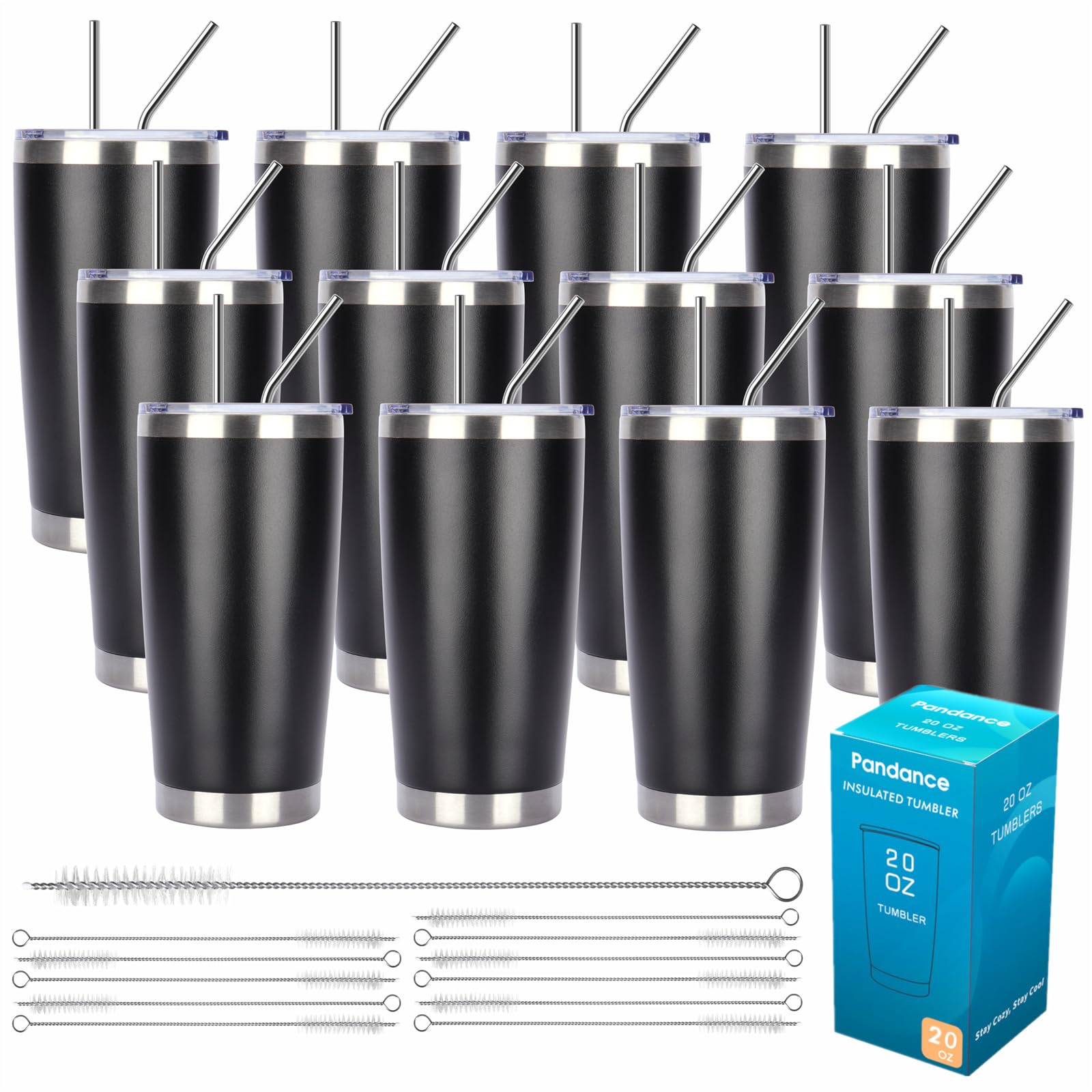 Pandance 20oz Stainless Steel Insulated Tumblers Bulk, Black, 12 Pack