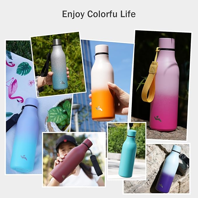 Insulated Water Bottle with Strap,18 oz Double Wall Stainless Steel Vacuum Bottles Metal Water Flask,Grey Blue
