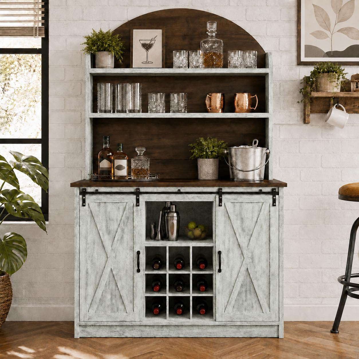 4 EVER WINNER 67-Inch Farmhouse Coffee Bar Cabinet with Storage, Grey