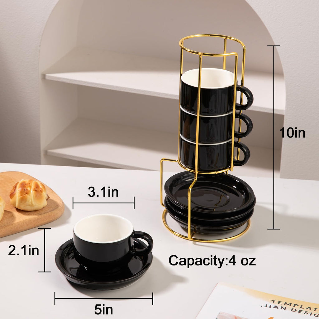 Sweejar Porcelain Espresso Cups with Saucers, 4 Ounce Stackable Cappuccino Cups with Metal Stand for Coffee Drinks, Latte, Tea - Set of 4 (Black Gold Stand)