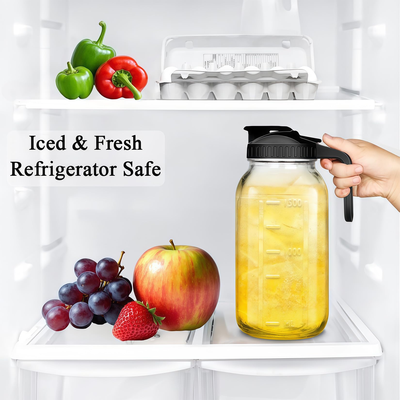 64oz Glass Pitcher Carafes With Handle and Lid, 2 Quart Mason Jar, Large Water Jug, Glass Containers for Fridge, Water Pitcher for Juice, Iced & Sun Tea, Cold Brew Coffee, Homemade Beverage