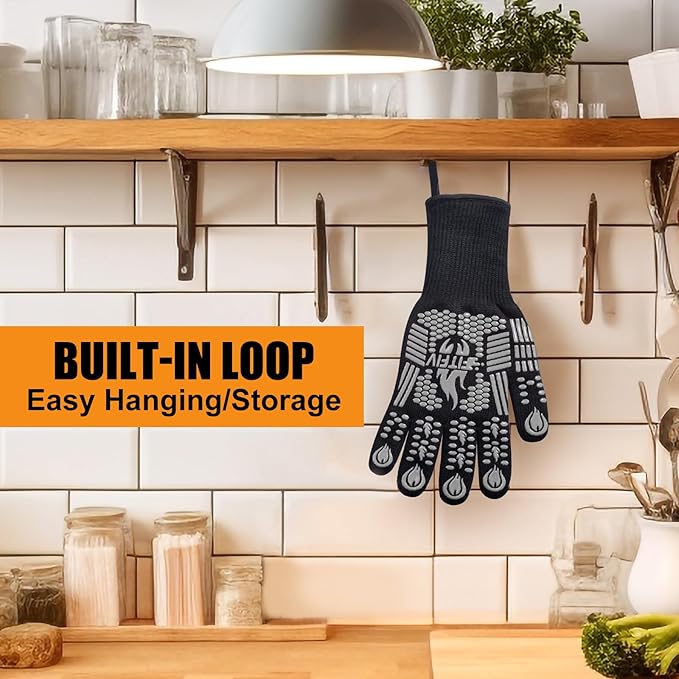BBQ Gloves, Oven Gloves, Extreme Heat Resistant Barbecue Gloves, Silicone Non-Slip Oven Mitts, Kitchen Gloves for Cooking, Grilling, and Baking (Gray)