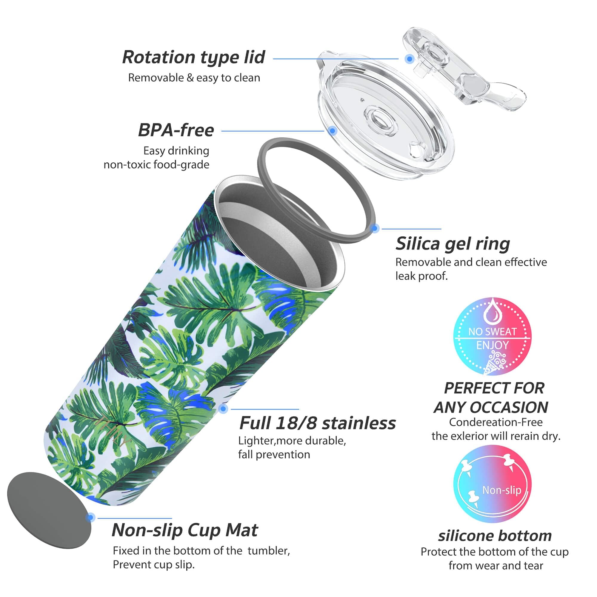 THILY Tumbler Stainless Steel Coffee Cup 26 oz Triple-Insulated Travel Mug with Splash-Proof Lid, for Ice Drinks and Hot Beverage Smoothies Cup, Green Plants