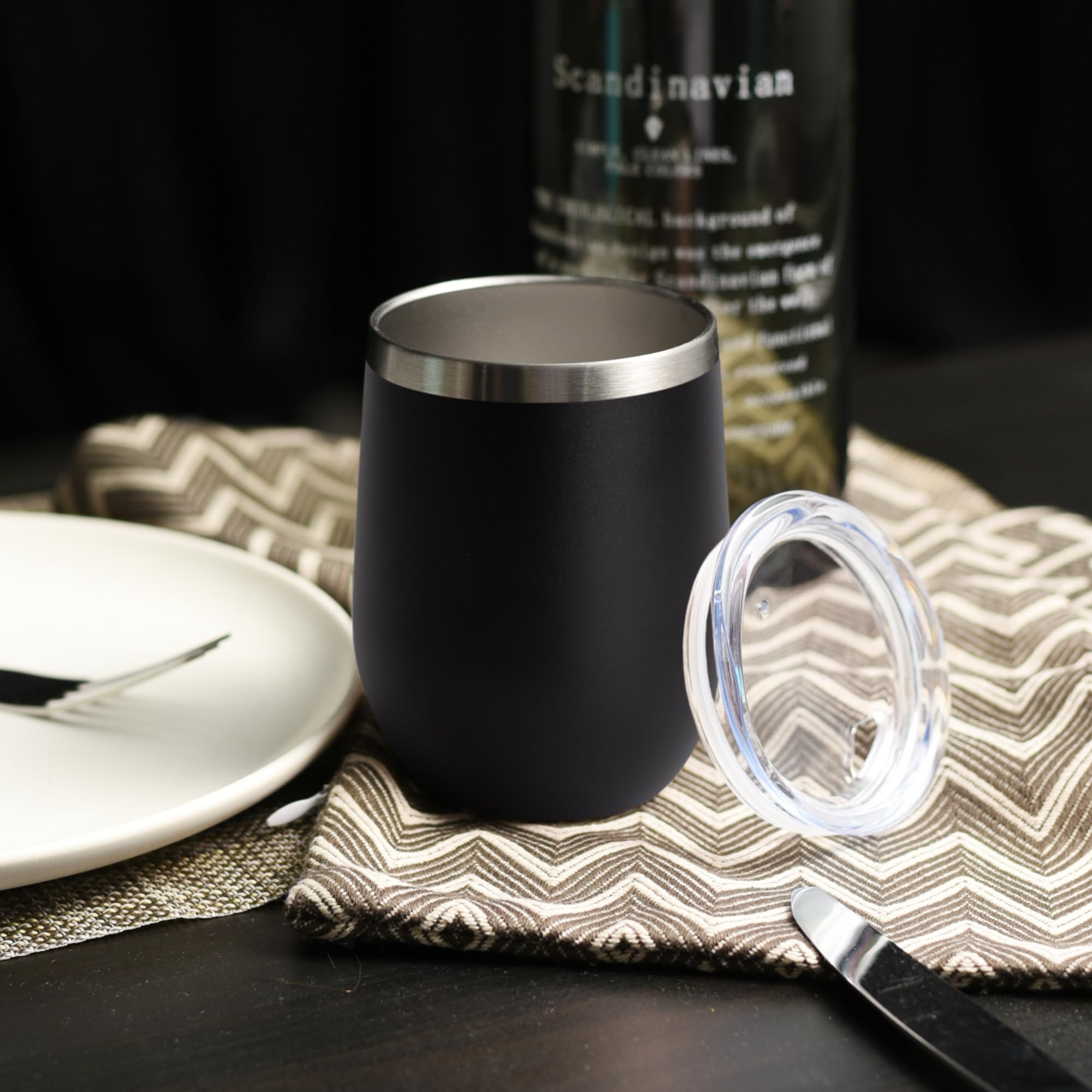 DOMICARE Stainless Steel Wine Tumbler Bulk with Lid, Personalized Insulated Tumblers Set, 12oz Travel Coffee Cups Pack of 1, Black