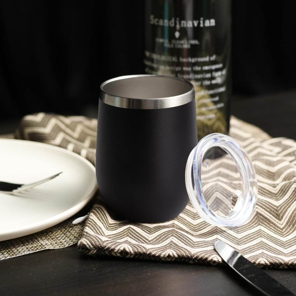 DOMICARE Stainless Steel Wine Tumbler Bulk with Lid, Personalized Insulated Tumblers Set, 12oz Travel Coffee Cups Pack of 4, Black