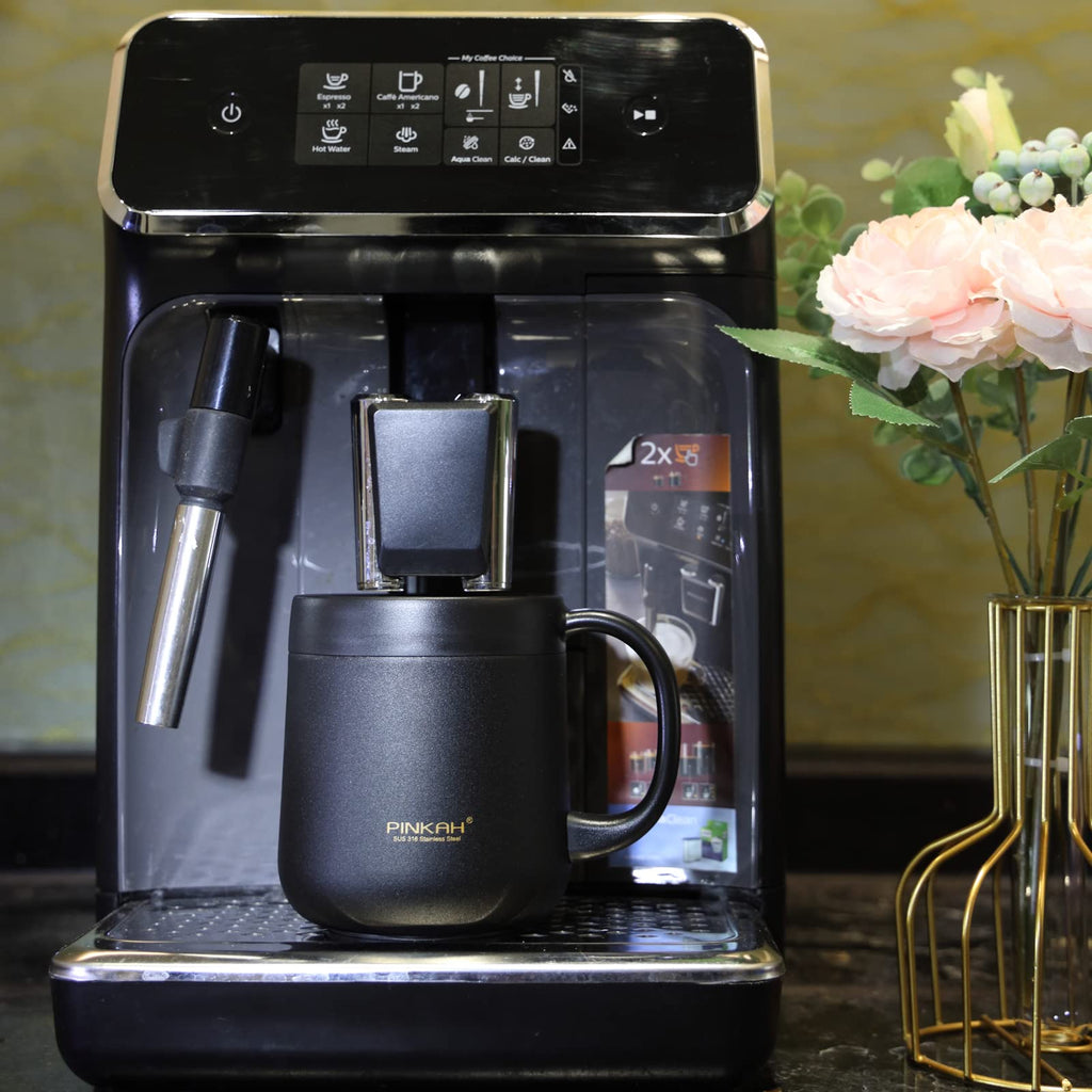 PINKAH 11OZ 330ML Stainless Steel Insulated Coffee Mug with Handle, Double Wall Stainless Steel Tumbler Cup with 2 Lids, Black