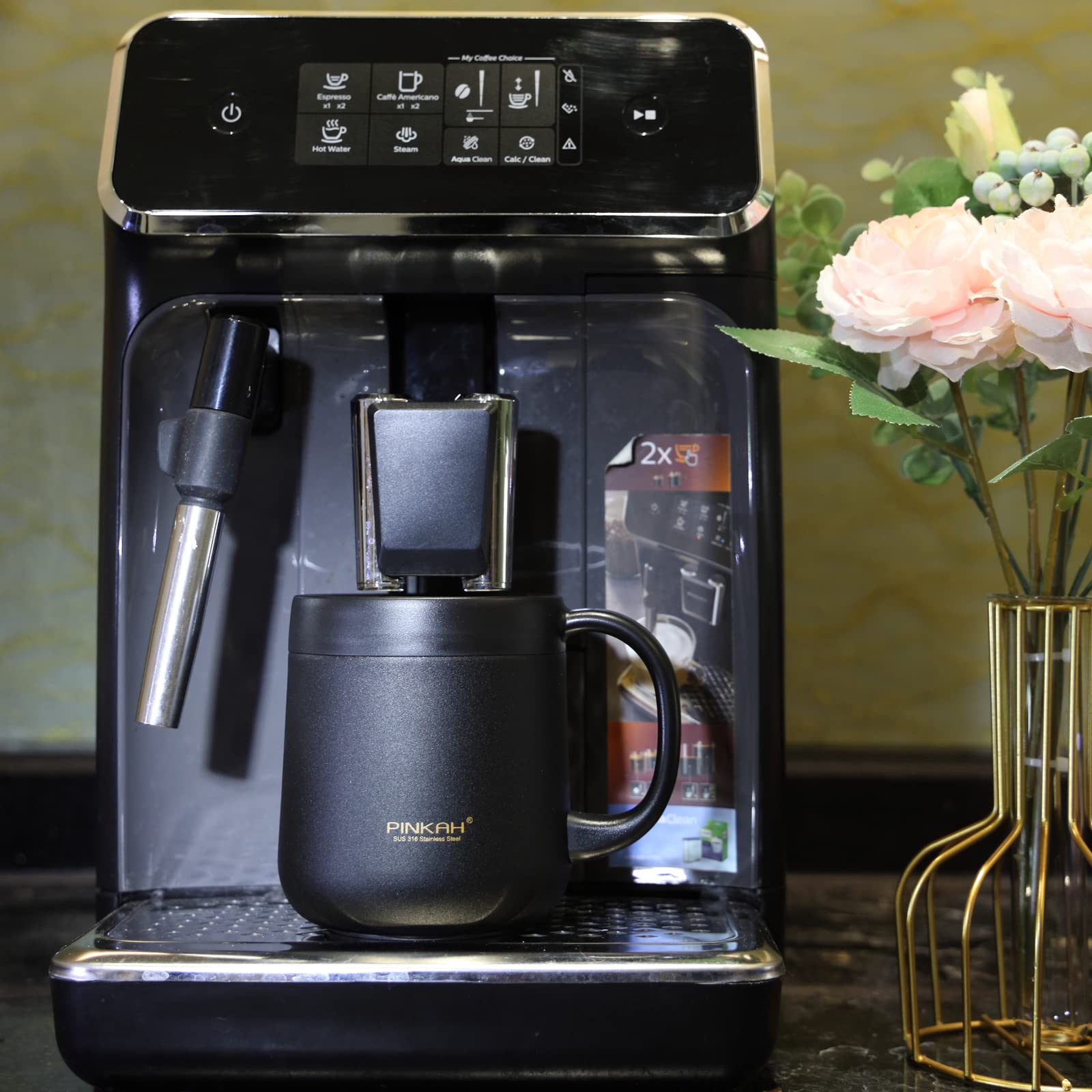 PINKAH 11OZ 330ML Stainless Steel Insulated Coffee Mug with Handle, Double Wall Stainless Steel Tumbler Cup with 2 Lids, Black
