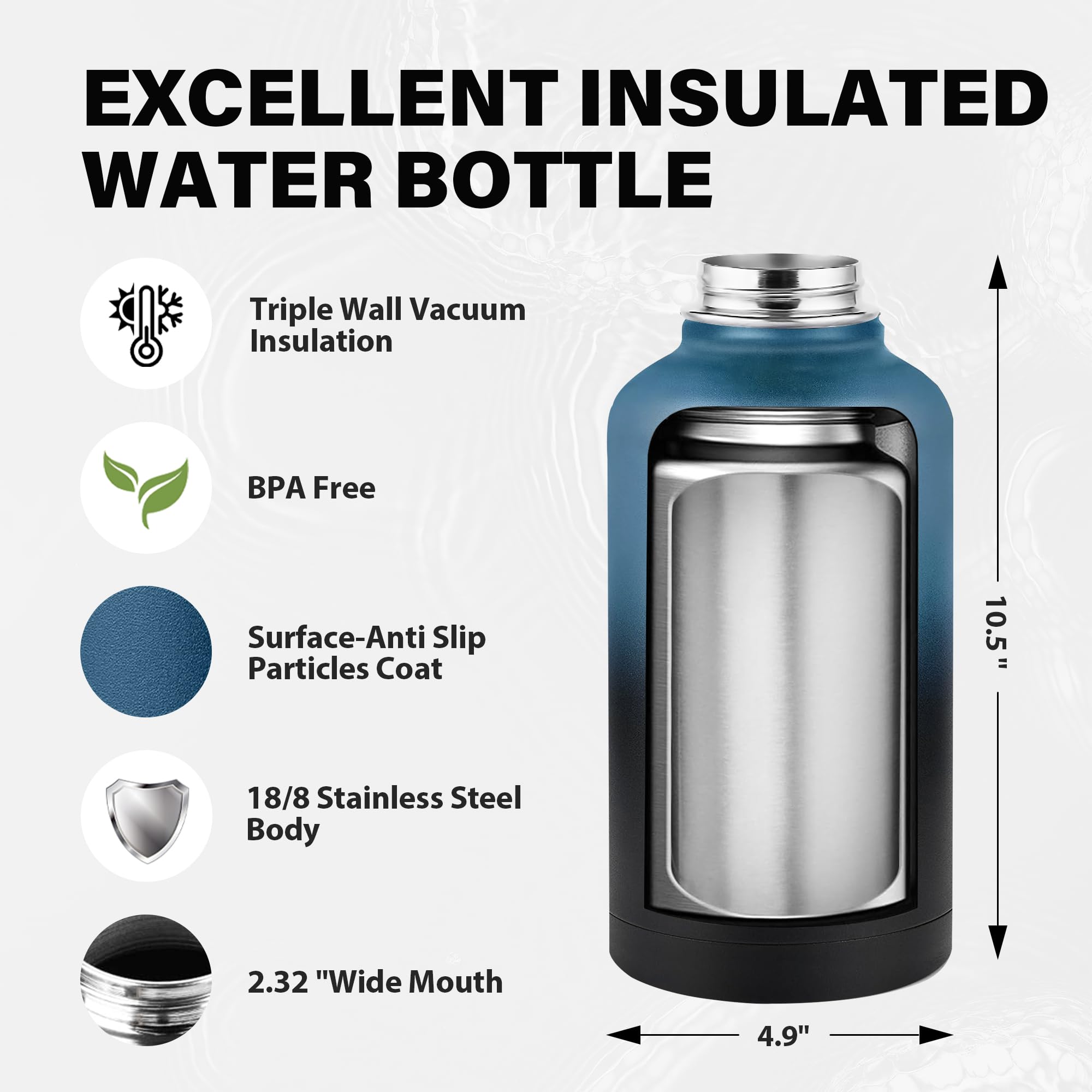 Insulated Water Bottle 64 oz, Triple Wall Vacuum Stainless Steel Water Bottles (Cold for 48 Hrs), Leak Proof & Non-BPA, Half Gallon Water Flask Jug Wide Mouth Straw Lid & Spout Lid