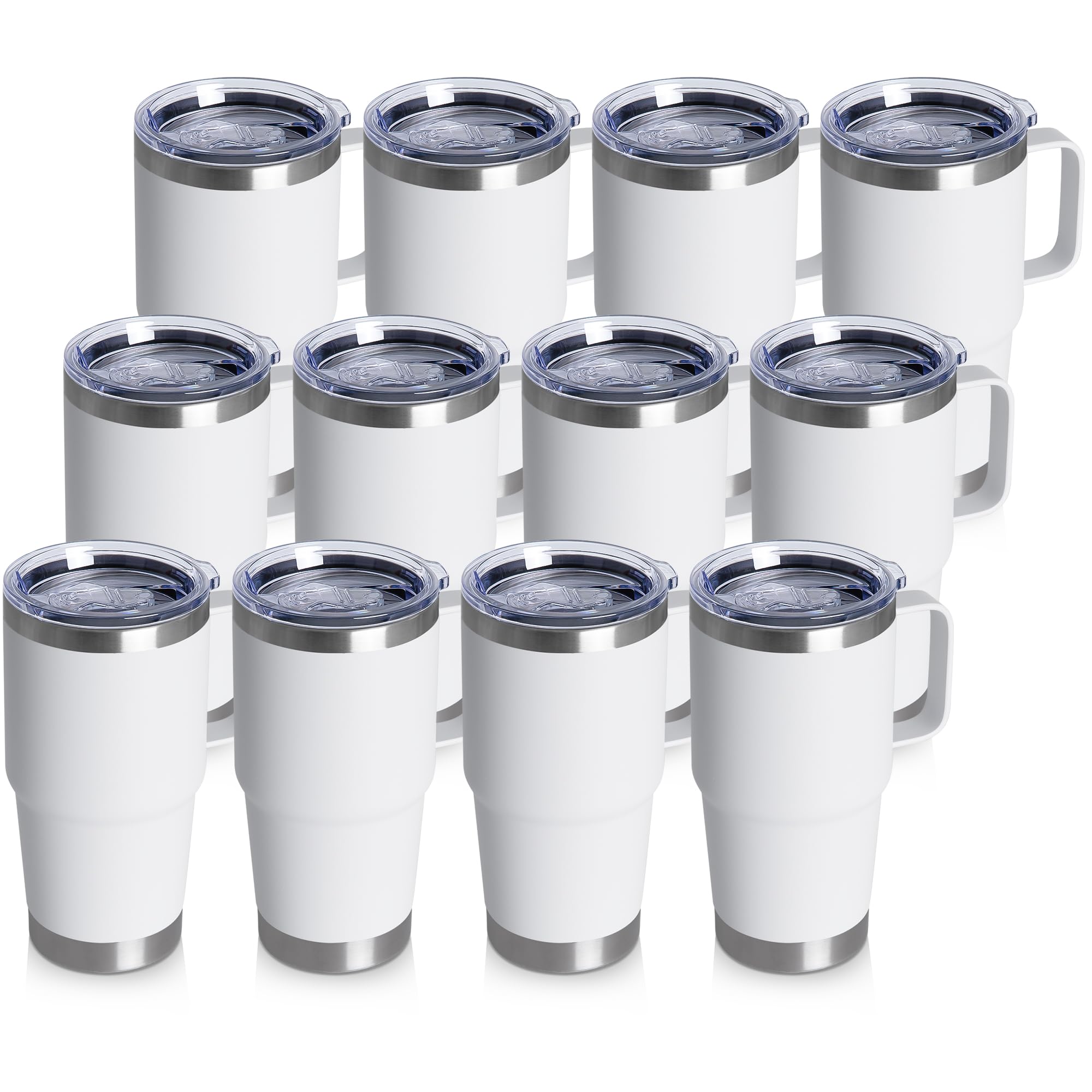 20oz Tumbler Bulk with Lid, Stainless Steel Tumbler Bulk with Handle, Metal Insulated Travel Coffee Mug Set with Handle, Double Wall Vacuum Leak Proof Tumbler Cup, White 12 Pack