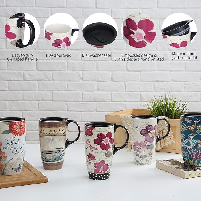 Topadorn Ceramic Travel Mug Latte Mug 17 oz. Coffee Cup with Sealed Lid and Gift Box, Set of 2