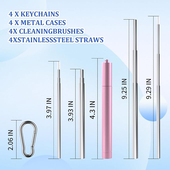4 Pack Reusable Metal Straws Collapsible Stainless Steel Drinking Straw Travel Portable Telescopic Straw with Case for Cruise Ship Essentials Black-Silver-Rose Gold-Blue