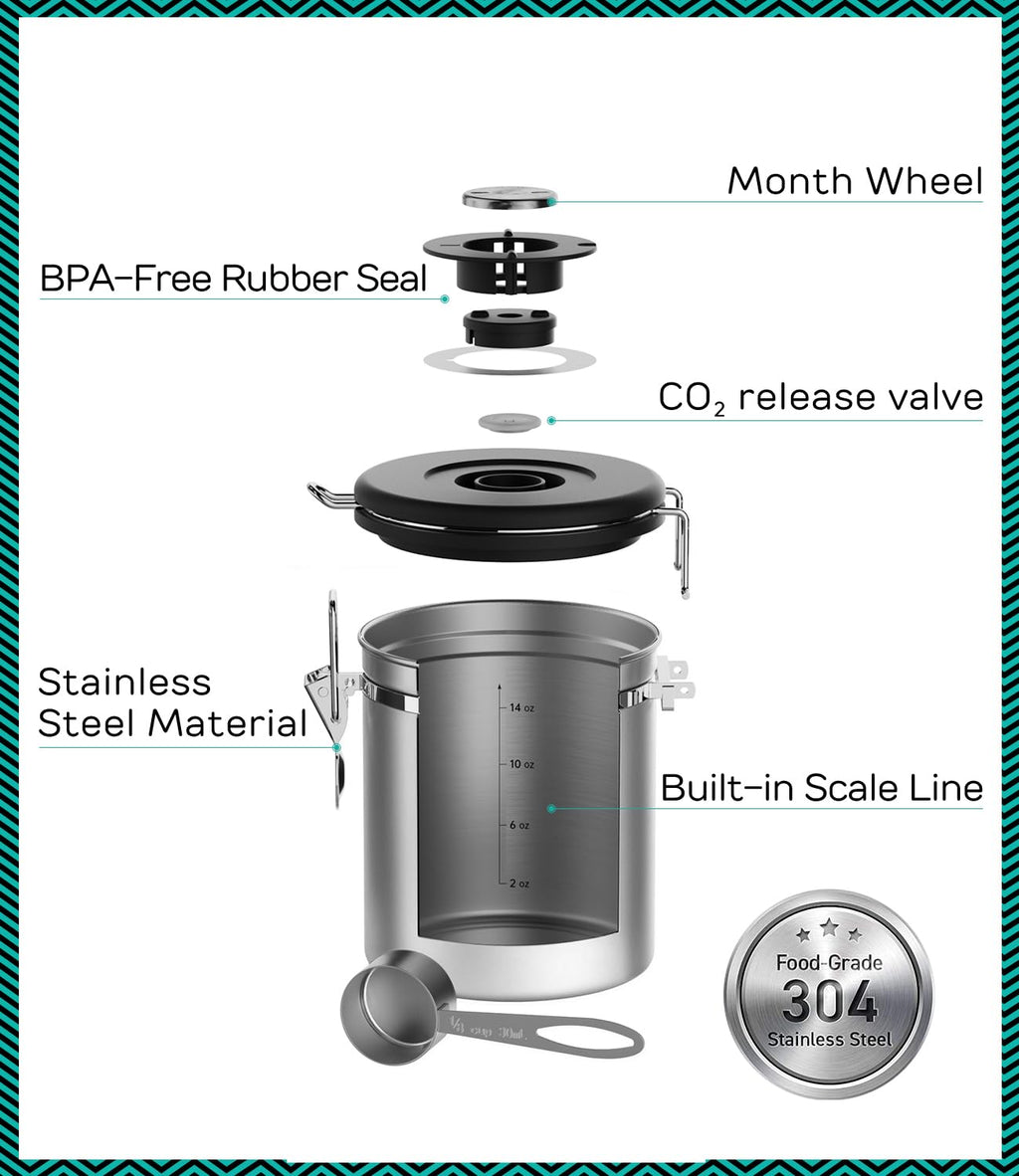 Coffee Gator Coffee Canister, 16oz Airtight Stainless Steel Container