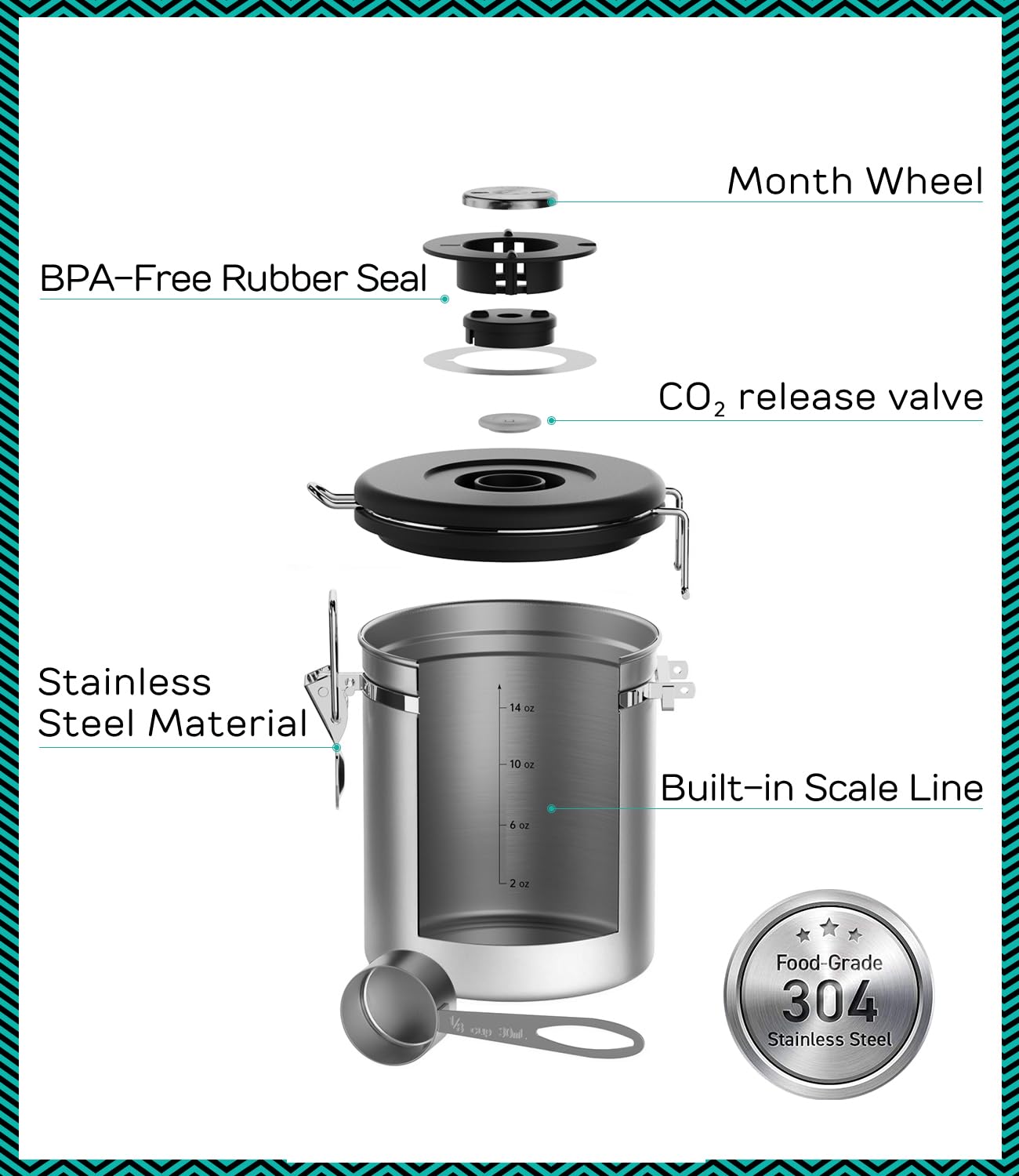 Coffee Gator Coffee Canister, 16oz Airtight Stainless Steel Container