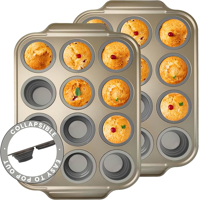 2 Pieces Carbon Steel 12 Hole Press Baking Silicone Cake Molds, Cupcake Baking Slices (12 Regular Sizes), Muffin Baking Sheets (Easy to Pop), Oven Safe Nonstick Non-Toxic Baking Pan