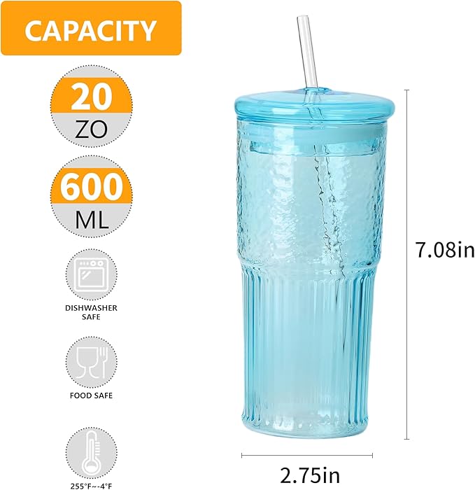 20 OZ Glass Cup with Lids and Glass Straws, High Borosilicate Iced Coffee Glass Tumblers with Lid and Straw for Drinks, 2pcs Reusable Wide Mouth Smoothie Cup(Blue)