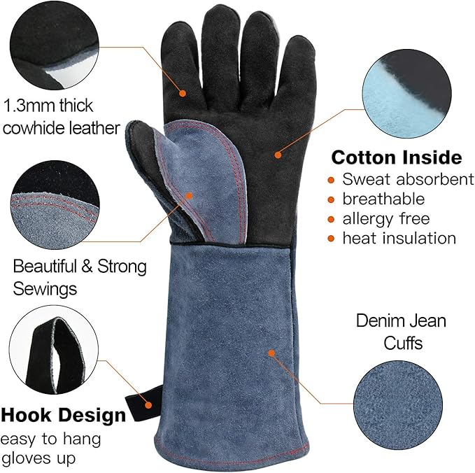 H HZXVOGEN Welding Gloves 16 Inches 932℉ Heat Fire Resistant BBQ Grill Gloves for Arc TIG MIG Wood Stove Barking Oven Fireplace Welder Gloves, Free Size for Men Women
