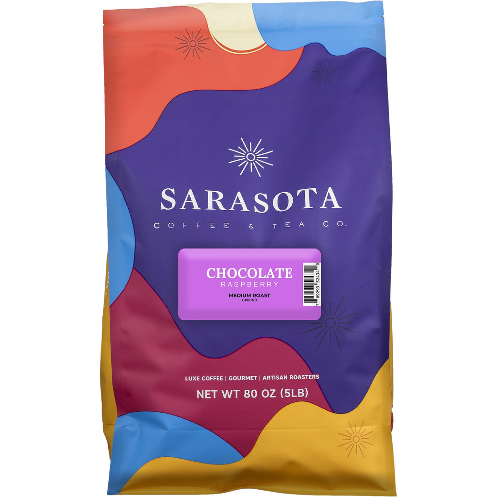 Sarasota Coffee Ground Chocolate Raspberry | Medium Roast Gourmet Flavored Coffee Grounds | Low Acid, Mold Free, Specialty Grade Flavored Bulk Ground Coffee | 5lb (80 oz)