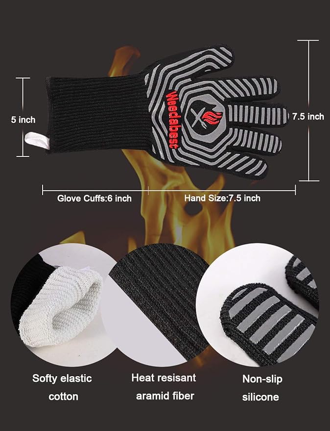 WEEDABEST Hot BBQ Gloves Heat Resistant Kitchen Oven Mitts Professional Long Heat Resistant Cooking Gloves for Grill,Grilling,Smoker,Barbeque,13.5 inch-Black