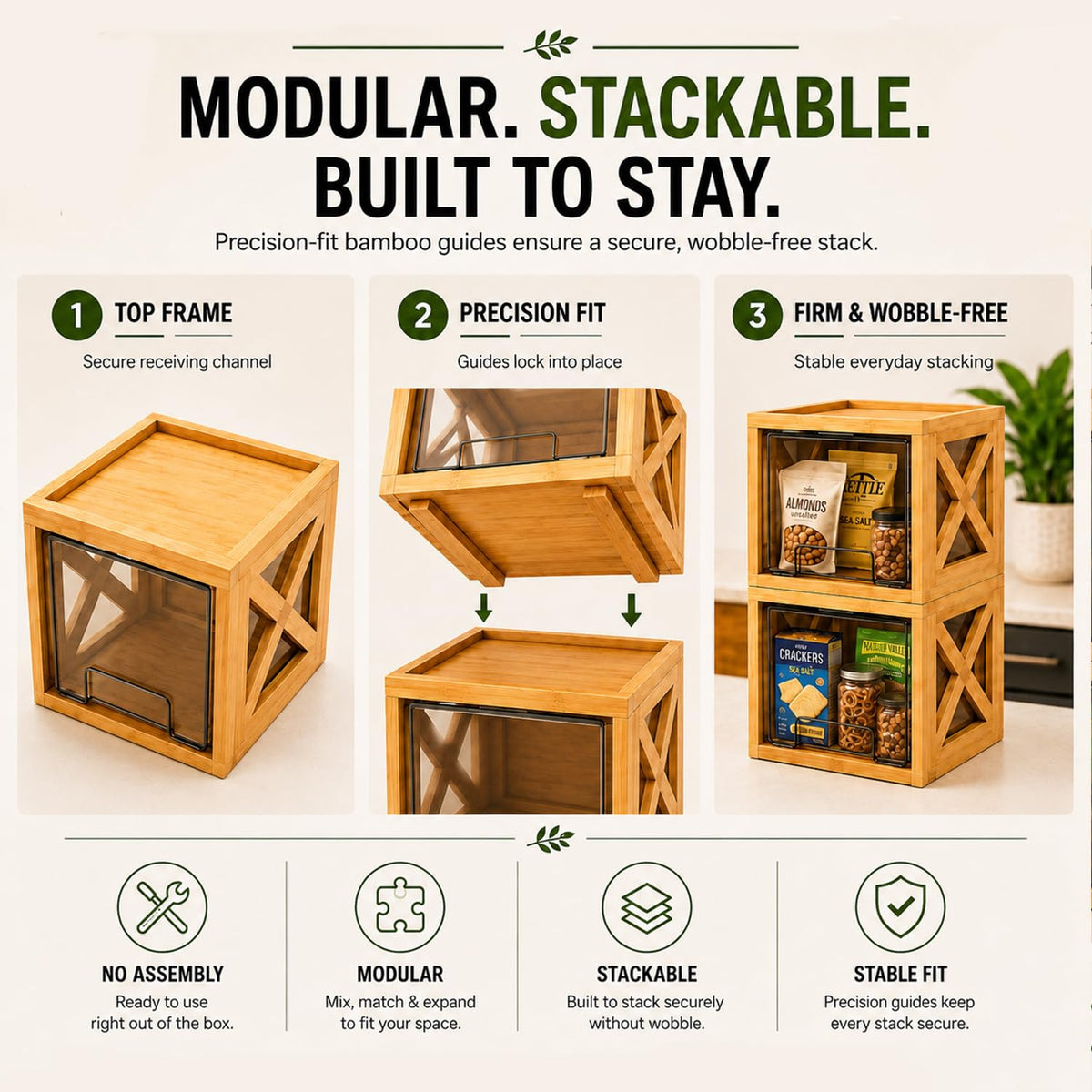 Bamboo Snack & Pantry Organizer, Stackable Pull-Out Drawers, 2 Pack