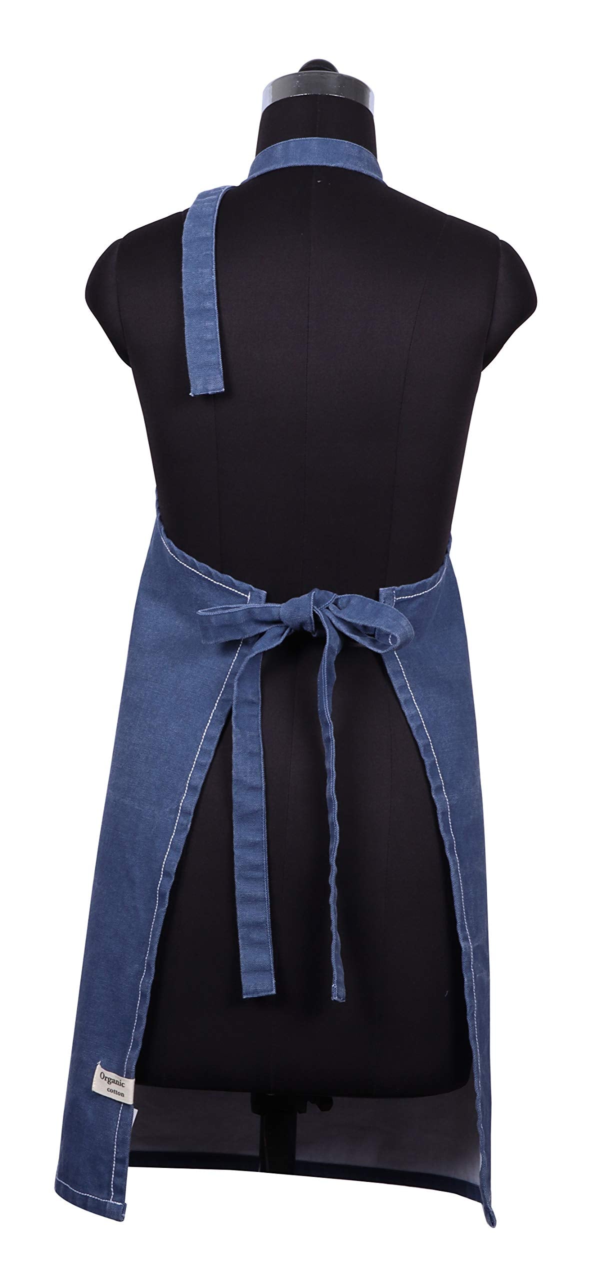 AMOUR INFINI Cotton Solid Aprons for Women with Pocket, Adjustable Strap and Waist Ties Washed Chef Aprons for Cooking, Baking and Gardening (27.5x33 Inches - Blue)