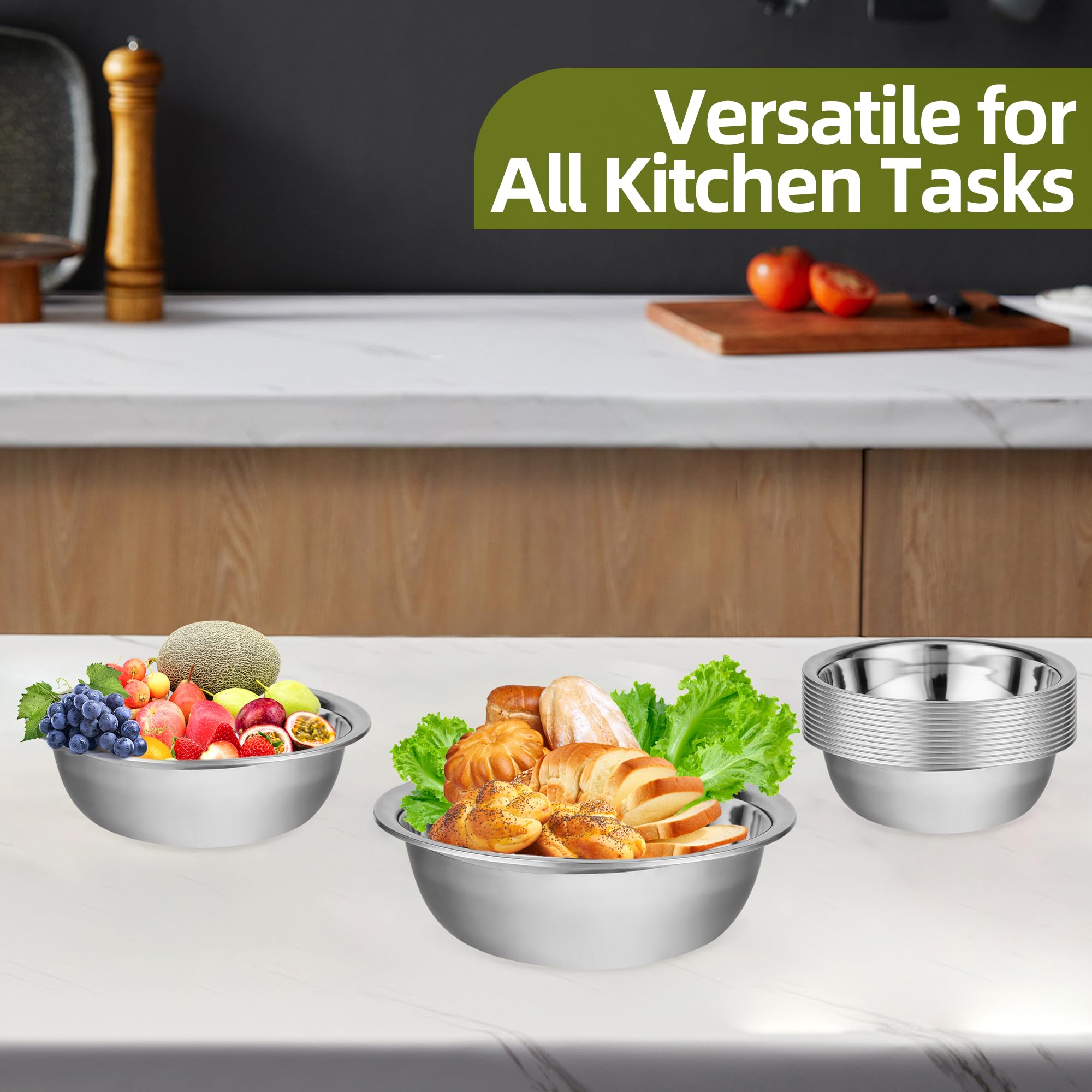 TREEHAC 10 Pack 10.24 x 2.76 Inch Stainless Steel Mixing Bowls for Bulk Food Prep with Nesting Design for Hotel Restaurant and Home Kitchen Cooking in Silver