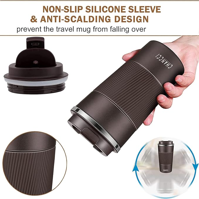 Travel Coffee Mug Spill Proof Leakproof 12 oz Insulated Coffee Mug with Screw Lid, Stainless Steel Vacuum Tumbler Reusable Thermal Coffee Cup to go for Hot and Cold Drinks -380ml, Brown