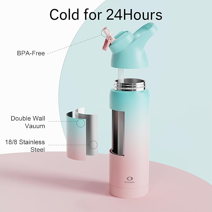Insulated Water Bottle with Straw - Encool Stainless Steel Water Bottle, Reusable Leakproof and BPA-Free for Sports, Travel, Cold for 24 Hours, 32 oz, Cherry Blossom