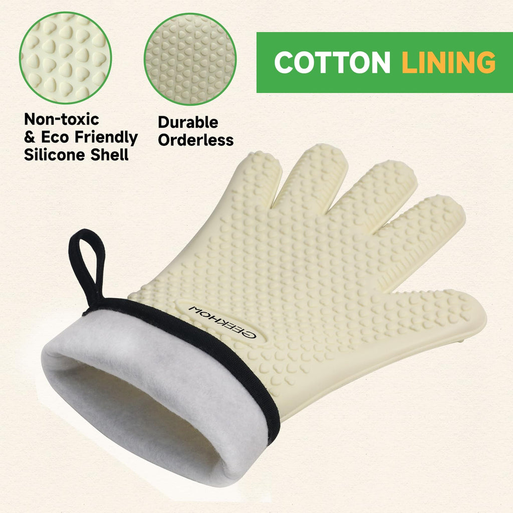 GEEKHOM BBQ Gloves Heat Resistant Oven Mitts - Silicone Grilling Gloves with 14" Long Arm Protection - Waterproof Pot Holder Non-Slip for Men & Women, Kitchen Cooking, Baking, Camping, Beige