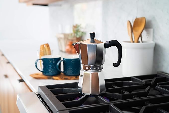 Bellemain Stovetop Espresso Maker | Italian Moka Pot Espresso Maker, Classic Aluminum Design Mocha Pot for Home Brewing & Camping | Easy to Use & Clean - 6-Cup, Silver