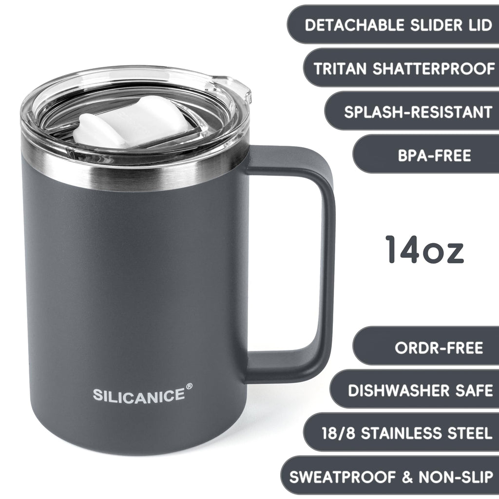 SILICANICE 14 / 24oz Insulated Coffee Mug With Handle, Break & Scratch Resistant lid With Detachable Slider, Stainless Steel Vacuum Insulation Tumbler, BPA Free - Thoughtful Gift
