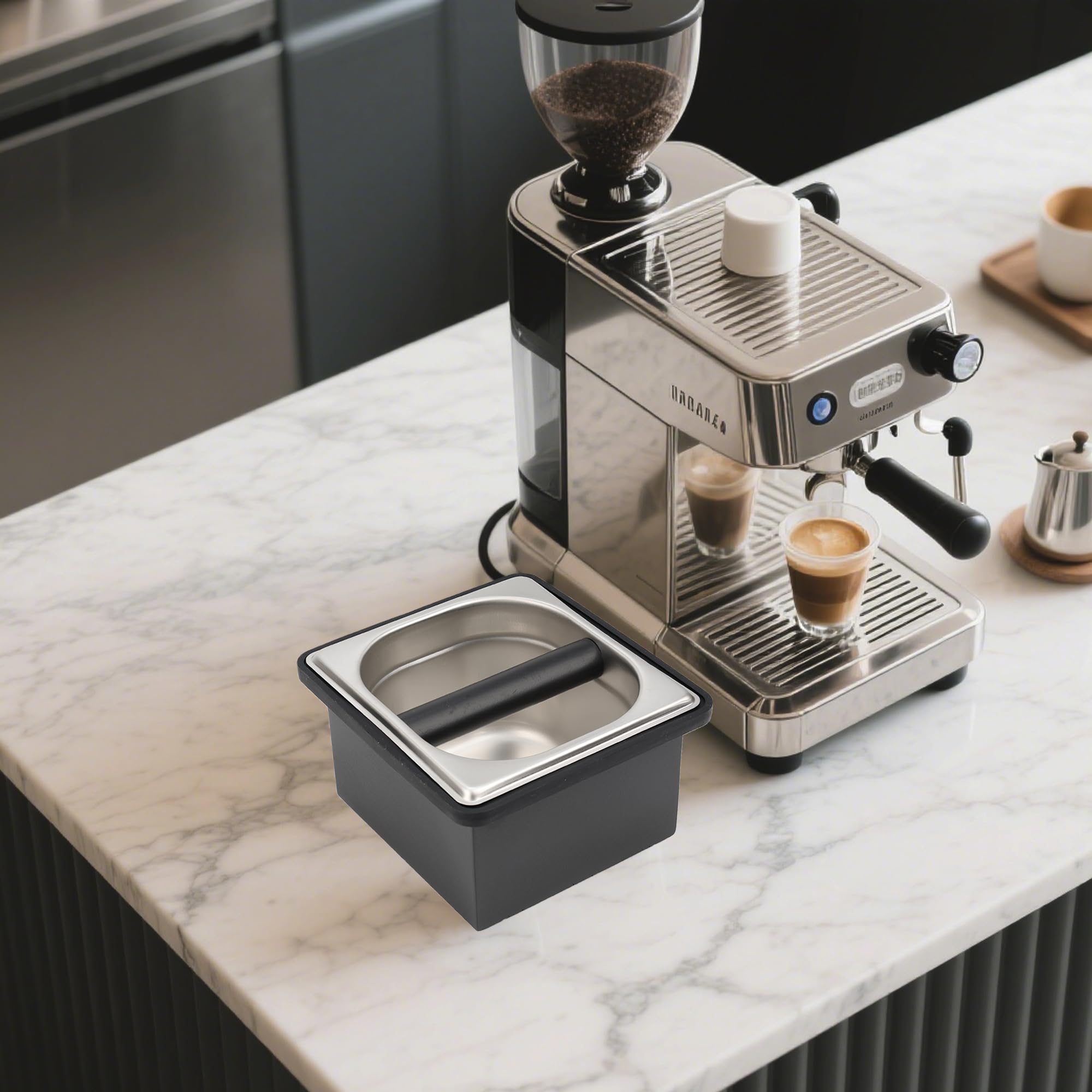 YURICK Espresso Knock Box, Coffee Knock Box for Espresso Grounds Disposal, Large Capacity, Equipped with Noise Reduction Rubber Ring & Steel Holder, Ideal Tool for Espresso Machines, Black (Small)