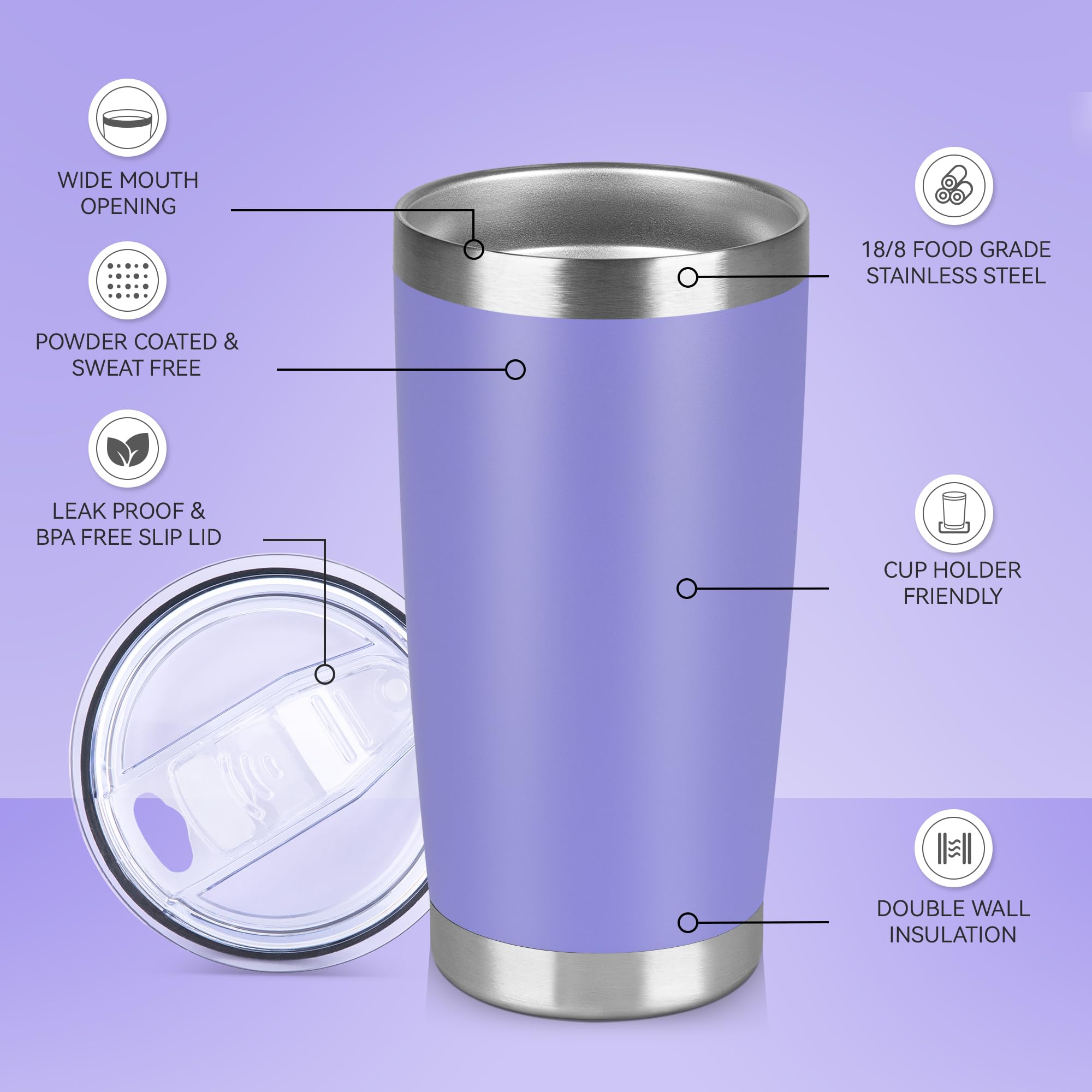 VQRRCKI 20 oz Tumbler Stainless Steel Tumblers Bulk with Lid Double Wall Insulated Coffee Tumbler Cups for Hot & Cold Drinks Powder Coated Travel Coffee Tumbler Mug Metal (Lavender, 12 pack)