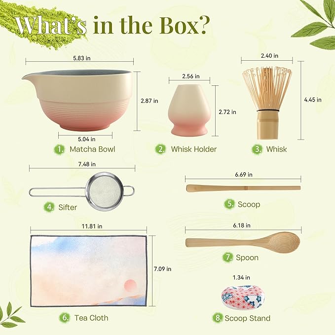 Matcha Whisk Set,includes Matcha Bowl,Matcha Whisk and Holder by Bamboo, Spout, Matcha Sifter Strainer Spoon Scoop Chasen Holder Towel- Perfect Japanese Matcha Set(8 Pcs Pink)