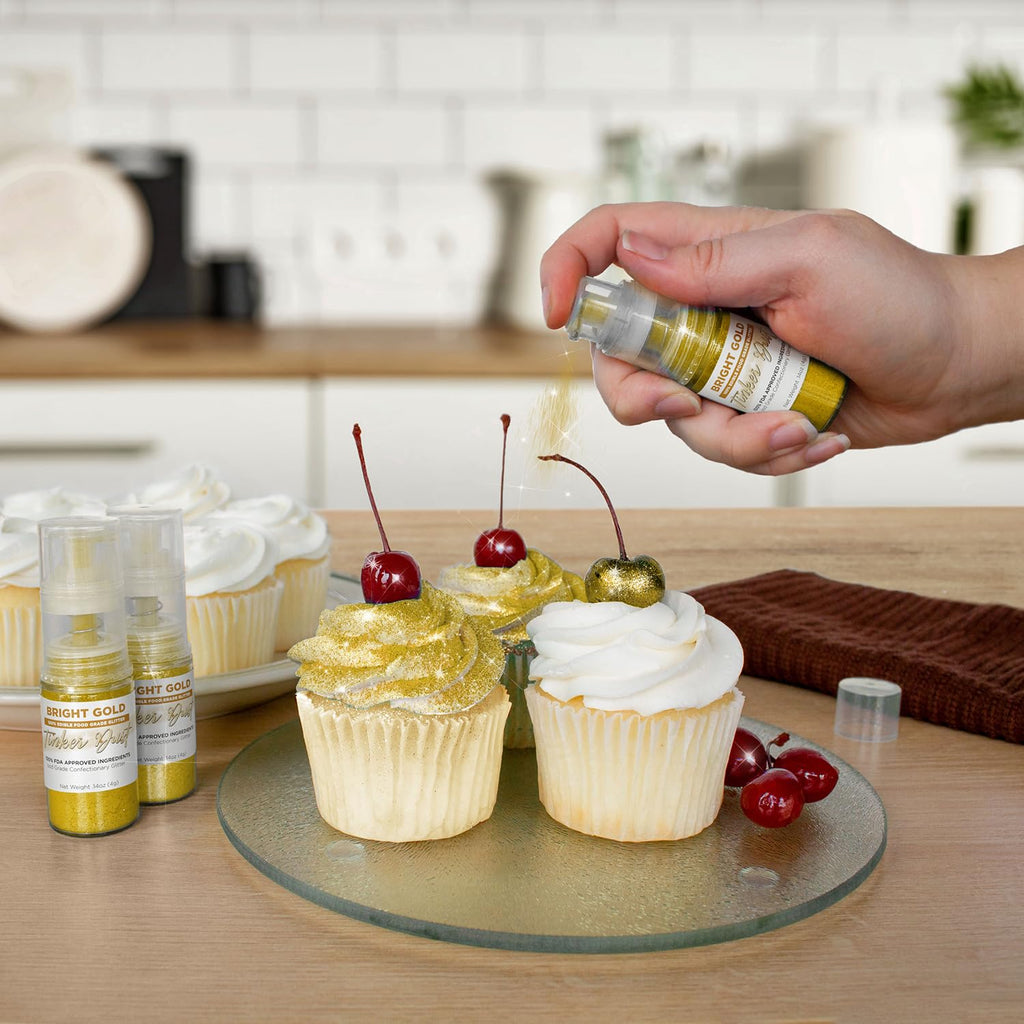 Bakell - Bright Gold Tinker Dust (4g, 1x Mini Spray Pump) Edible Glitter for Food, Desserts, and Baked goods!